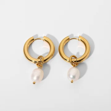Pearl Drop Gold Huggie Hoop Earrings