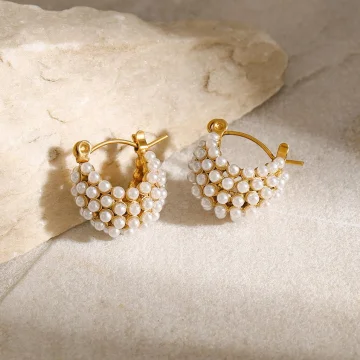 Crescent Pearl-Paved Chunky Hoop Earrings