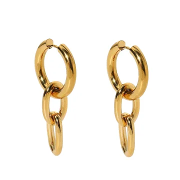 Gold Huggie Earrings with Link Chain Dangle for Women