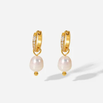 Gold Huggie Hoop Earrings with Pearl