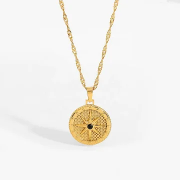 Sun Tarot Round Pendant Necklace Gold Tone