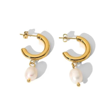 C Shape Gold Hoop Earrings With Dangle Pearl